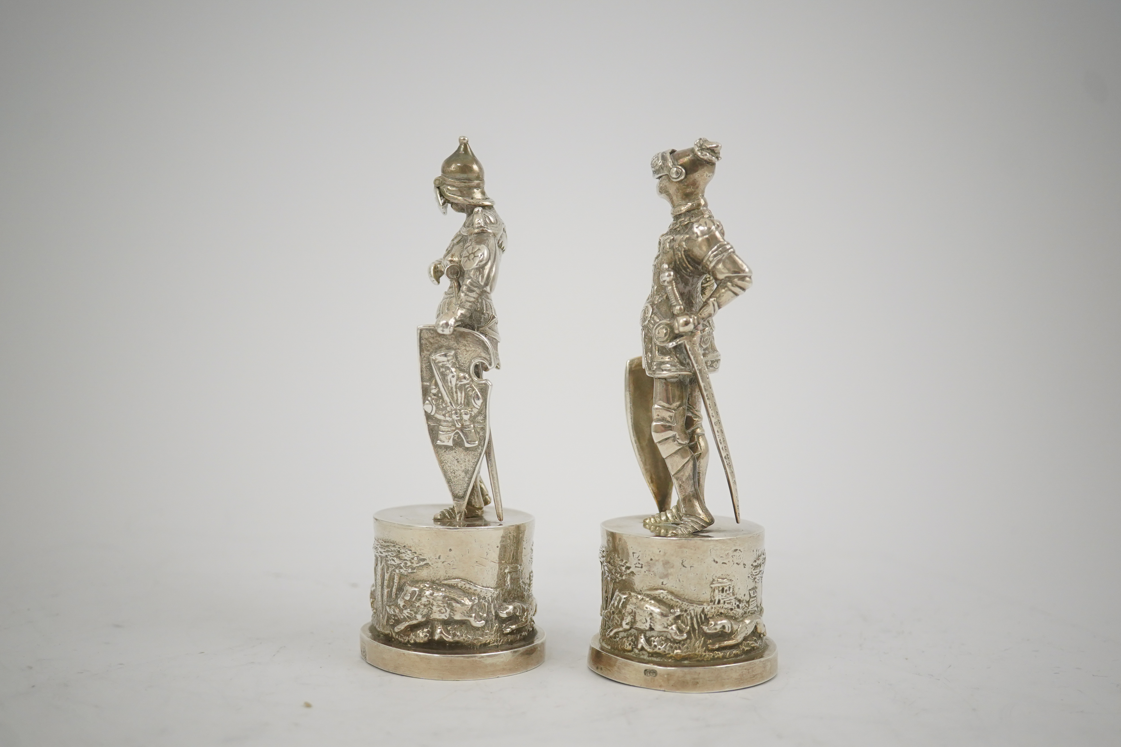 Two similar late 19th/early 20th century Hanau? silver miniature model Knights, makers mark HT